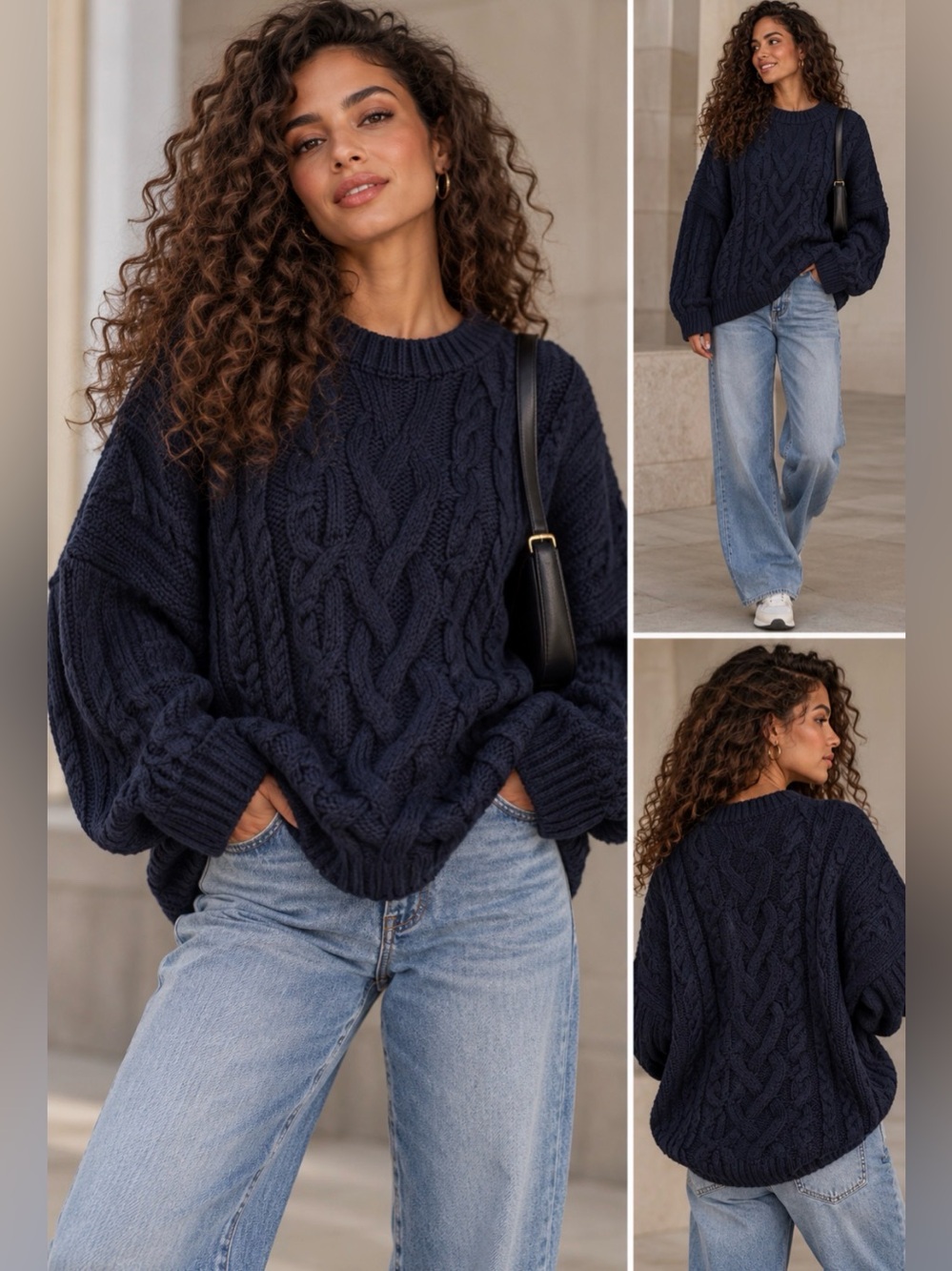 Women's Zara Navy Cable Oversized Knit Sweater -Classic Super Soft Cozy Pullover